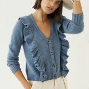 Anthropologie Denim Blue Ruffle Cardigan M